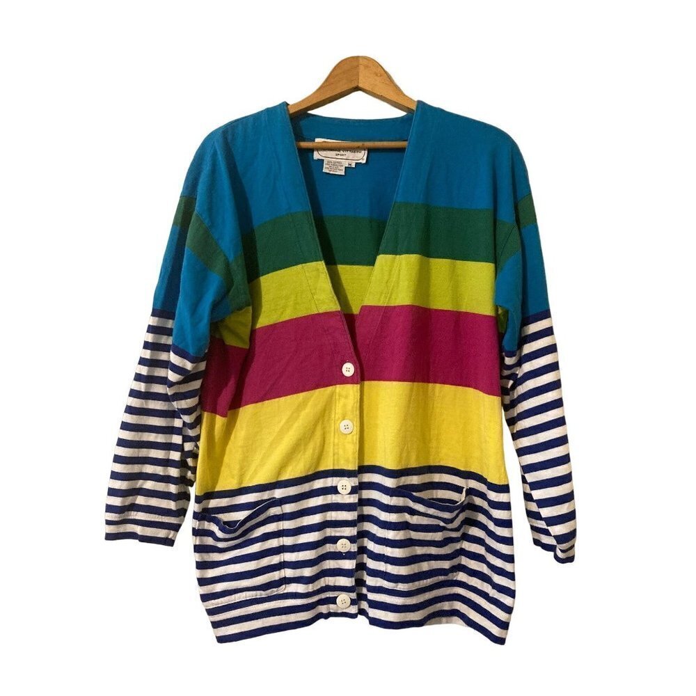 Adrienne Vittadini Sport Womens Cardigan Striped Size Med Vintage Cotton Pockets